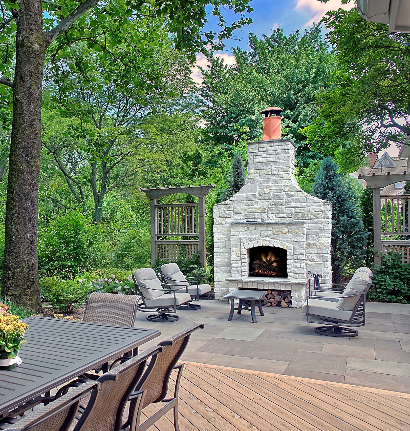 Stone fireplace and fire feature